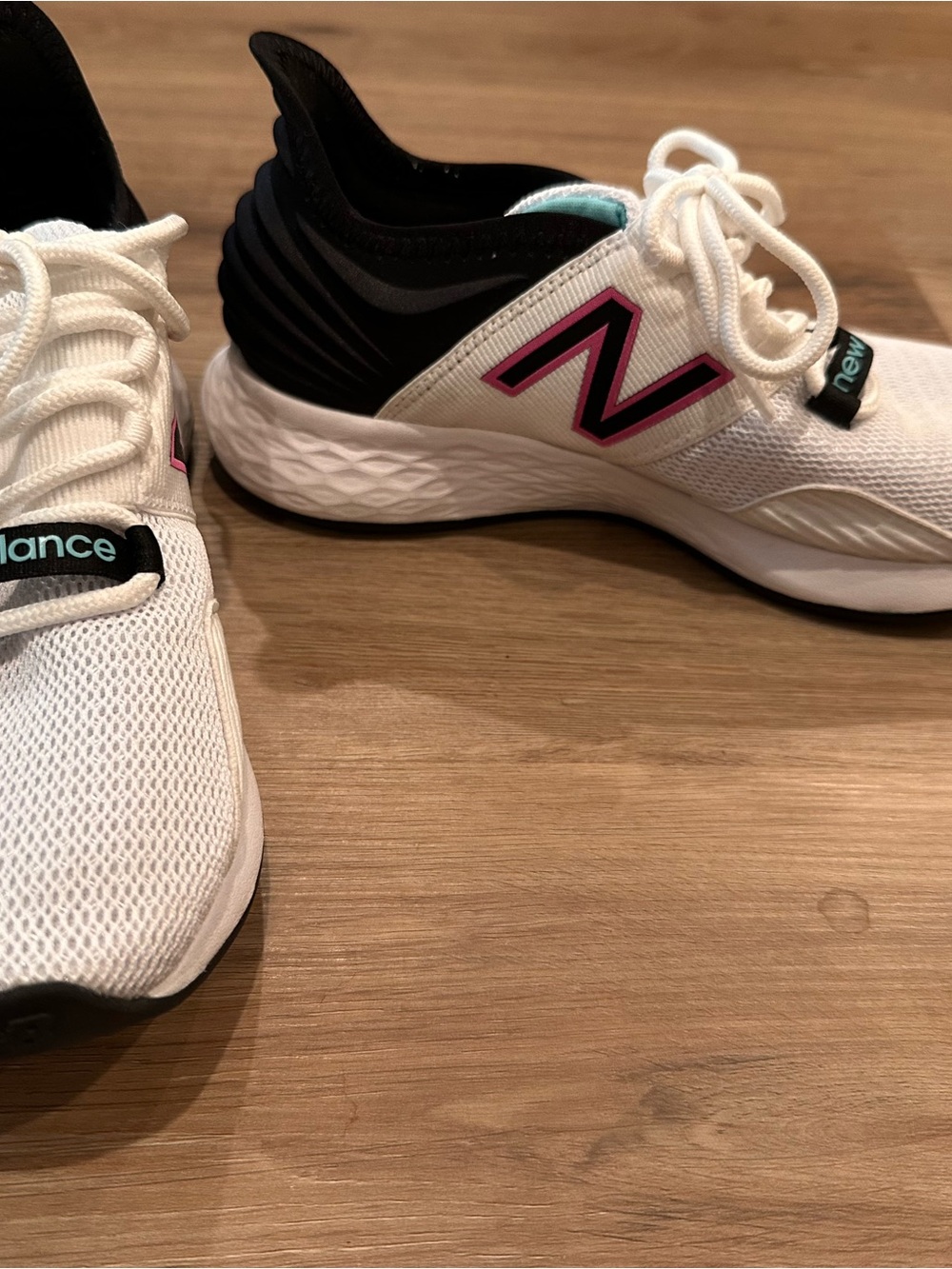 New Balance White Sneakers with Pink Logo and Aqua Tongue